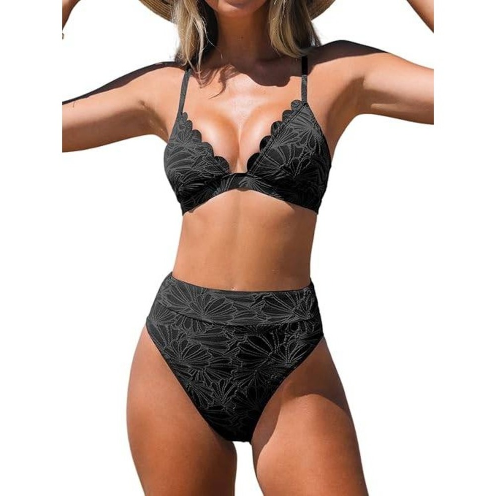Cupshe Black Floral Scalloped Lace Up High Waisted Bikini Set NWT Size L